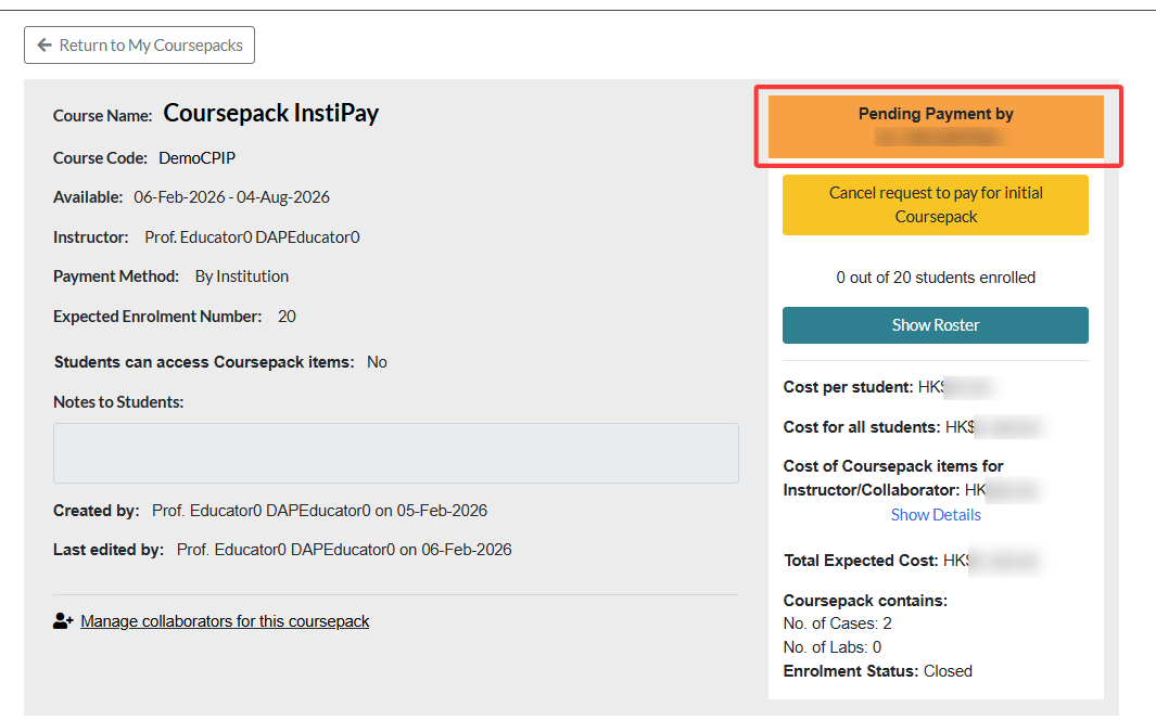 coursepack status changes to pending payment